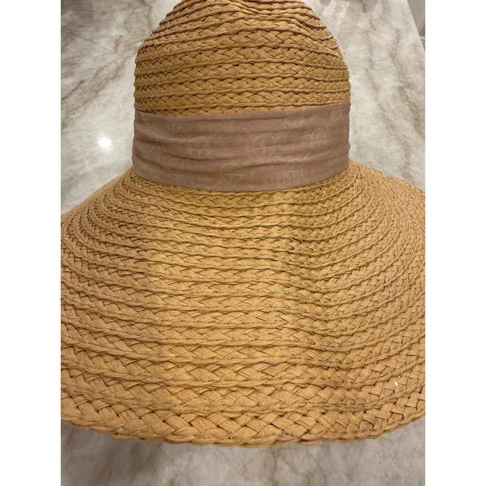 Giani Bernini Women s Woven Wide Brim Sun Hat with Logo Ribbon; Tan; One Size